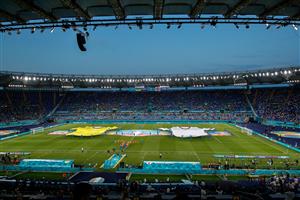 ROME, ITALY - JULY 03: A general view of inside the stadium as large replica shirts of Ukraine and England are displayed on the pitch prior to the UEFA Euro 2020 Championship Quarter-final match between Ukraine and England at Olimpico Stadium on July 03, 2021 in Rome, Italy. (Getty Images)
