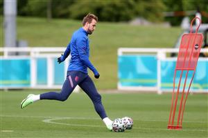 BURTON UPON TRENT, ENGLAND - JULY 06: Harry Kane of England shoots during the England Training Session at St George's Park on July 06, 2021 in Burton upon Trent, England. (Getty Images)