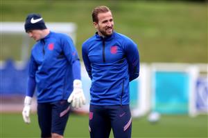 BURTON UPON TRENT, ENGLAND - JULY 06: Harry Kane of England looks on during the England Training Session at St George's Park on July 06, 2021 in Burton upon Trent, England. (Getty Images)
