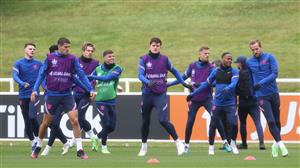 BURTON UPON TRENT, ENGLAND - JULY 06: Players of England warm up during the England Training Session at St George's Park on July 06, 2021 in Burton upon Trent, England. (Getty Images)