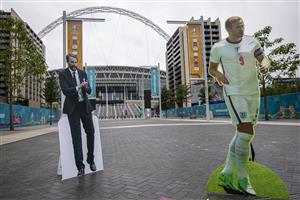 LONDON, ENGLAND - JULY 07: Cardboard figures of Gareth Southgate and Harry Kane are seen outside Wembley Stadium on July 07, 2021 in London, England. England has reached the semi-finals of the UEFA European Football Championship 2020 hoping to make the final for the first time in the history of the competition. (Getty Images)