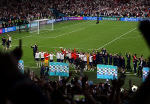 LONDON, ENGLAND - JULY 07: General view inside the stadium england fans show their appreciation as the England players and staff celebrate following their team's victory in the UEFA Euro 2020 Championship Semi-final match between England and Denmark at Wembley Stadium on July 07, 2021 in London, England. (Getty Images)