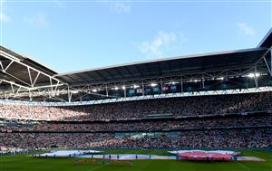 LONDON, ENGLAND - JULY 07: A general view inside the stadium as large replica shirts of both side's are seen on the pitch prior to the UEFA Euro 2020 Championship Semi-final match between England and Denmark at Wembley Stadium on July 07, 2021 in London, England. (Getty Images)