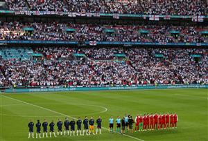 LONDON, ENGLAND - JULY 07: General view inside the stadium as the England and Denmark players line up prior to the UEFA Euro 2020 Championship Semi-final match between England and Denmark at Wembley Stadium on July 07, 2021 in London, England. (Getty Images)