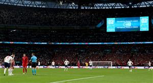 LONDON, ENGLAND - JULY 07: A general view inside the stadium as the LED screen shows a potential VAR check for a penalty is in progress during the UEFA Euro 2020 Championship Semi-final match between England and Denmark at Wembley Stadium on July 07, 2021 in London, England. (Getty Images)
