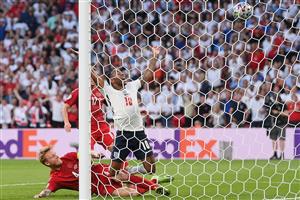 Denmark's defender Simon Kjaer (L) scores an own goal during the UEFA EURO 2020 semi-final football match between England and Denmark at Wembley Stadium in London on July 7, 2021. (Getty Images)