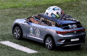LONDON, ENGLAND - JULY 07: A detailed view of the Adidas Uniforia match ball is seen in the Volkswagen Remote Control Mini Car prior to the UEFA Euro 2020 Championship Semi-final match between England and Denmark at Wembley Stadium on July 07, 2021 in London, England. (Getty Images)