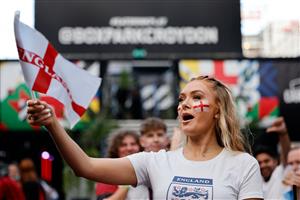 England supporters at Boxpark Croydon wait for the start of the UEFA EURO 2020 semi-final football match between England and Denmark in south London on July 7, 2021. (Getty Images)