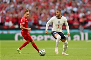 LONDON, ENGLAND - JULY 07: Kyle Walker of England runs with the ball during the UEFA Euro 2020 Championship Semi-final match between England and Denmark at Wembley Stadium on July 07, 2021 in London, England. (Getty Images)