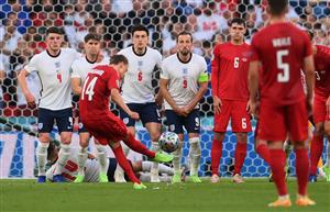 LONDON, ENGLAND - JULY 07: Declan Rice, John Stones, Harry Maguire and Harry Kane of England fail to stop a goal scored by Mikkel Damsgaard of Denmark from a free kick during the UEFA Euro 2020 Championship Semi-final match between England and Denmark at Wembley Stadium on July 07, 2021 in London, England. (Getty Images)
