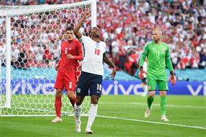 LONDON, ENGLAND - JULY 07: Raheem Sterling of England reacts during the UEFA Euro 2020 Championship Semi-final match between England and Denmark at Wembley Stadium on July 07, 2021 in London, England. (Getty Images)