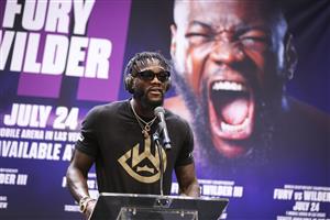 LOS ANGELES, CALIFORNIA - JUNE 15: Deontay Wilder speaks briefly during the press conference with Tyson Fury at The Novo by Microsoft at L.A. Live on June 15, 2021 in Los Angeles, California. (Getty Images)