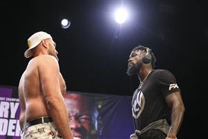 LOS ANGELES, CALIFORNIA - JUNE 15: Tyson Fury and Deontay Wilder face off during the press conference at The Novo by Microsoft at L.A. Live on June 15, 2021 in Los Angeles, California. (Getty Images)