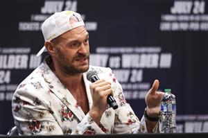 LOS ANGELES, CALIFORNIA - JUNE 15: Tyson Fury speaks at the press conference with Deontay Wilder at The Novo by Microsoft at L.A. Live on June 15, 2021 in Los Angeles, California. (Getty Images)