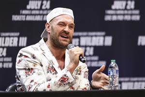 LOS ANGELES, CALIFORNIA - JUNE 15: Tyson Fury speaks at the press conference with Deontay Wilder at The Novo by Microsoft at L.A. Live on June 15, 2021 in Los Angeles, California. (Getty Images)