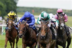 NEWMARKET, ENGLAND - JULY 10: Sean Levey riding Ardbraccan (green/white) win The Rossdales British EBF Maiden Fillies' Stakes at Newmarket Racecourse on July 10, 2021 in Newmarket, England. Due to the Coronavirus pandemic, only owners along with a limited number of the paying public will be allowed to attend the meeting. (Photo by Alan Crowhurst/Getty Images)
