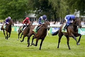 NEWMARKET, ENGLAND - JULY 10: William Buick riding Native Trail (R, blue) win The bet365 Superlative Stakes at Newmarket Racecourse on July 10, 2021 in Newmarket, England. Due to the Coronavirus pandemic, only owners along with a limited number of the paying public will be allowed to attend the meeting. (Photo by Alan Crowhurst/Getty Images)