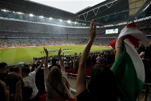 LONDON, ENGLAND - JULY 11: Fans show their support as players line up for the national anthem prior to the UEFA Euro 2020 Championship Final between Italy and England at Wembley Stadium on July 11, 2021 in London, England. (Getty Images)