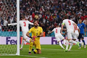 Italy's goalkeeper Gianluigi Donnarumma reacts after England's defender Luke Shaw scored the opening goal during the UEFA EURO 2020 final football match between Italy and England at the Wembley Stadium in London on July 11, 2021. (Getty Images)