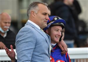 MELBOURNE, AUSTRALIA - JULY 10: Trainer Andrew Bobbin and Jack Hill after Scottish Dancer won Race 7, the Catanach's Jewellers Handicap during Melbourne Racing at Caulfield Racecourse on July 10, 2021 in Melbourne, Australia. (Getty)
