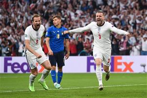 LONDON, ENGLAND - JULY 11: Luke Shaw of England celebrates with teammate Harry Kane after scoring their team's first goal during the UEFA Euro 2020 Championship Final between Italy and England at Wembley Stadium on July 11, 2021 in London, England. (Getty Images)