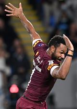 GOLD COAST, AUSTRALIA - JULY 14: Hamiso Tabuai-Fidow of the Maroons celebrates after scoring a try during game three of the 2021 State of Origin Series between the New South Wales Blues and the Queensland Maroons at Cbus Super Stadium on July 14, 2021 in Gold Coast, Australia. (Photo by Bradley Kanaris/Getty Images)