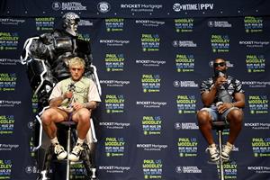 LOS ANGELES, CALIFORNIA - JULY 13: Tyron Woodley (R) speaks to media during a press conference before his cruiserweight fight against Jake Paul (L) at The Novo by Microsoft at L.A. Live on July 13, 2021 in Los Angeles, California. (Getty Images)