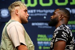 LOS ANGELES, CALIFORNIA - JULY 13: Jake Paul (L) and Tyron Woodley (R) face off during a press conference before their cruiserweight fight at The Novo by Microsoft at L.A. Live on July 13, 2021 in Los Angeles, California. (Getty Images)