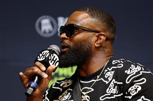 LOS ANGELES, CALIFORNIA - JULY 13: Tyron Woodley speaks to media during a press conference before his cruiserweight fight against Jake Paul at The Novo by Microsoft at L.A. Live on July 13, 2021 in Los Angeles, California. (Getty Images)