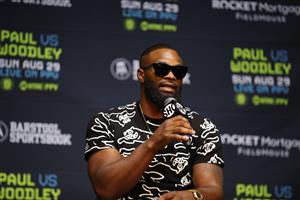 LOS ANGELES, CALIFORNIA - JULY 13: Tyron Woodley speaks to media during a press conference before his cruiserweight fight against Jake Paul at The Novo by Microsoft at L.A. Live on July 13, 2021 in Los Angeles, California. (Getty Images)