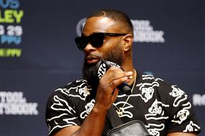 LOS ANGELES, CALIFORNIA - JULY 13: Tyron Woodley speaks to media during a press conference before his cruiserweight fight against Jake Paul at The Novo by Microsoft at L.A. Live on July 13, 2021 in Los Angeles, California. (Getty Images)