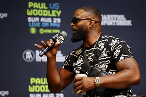 LOS ANGELES, CALIFORNIA - JULY 13: Tyron Woodley speaks to media during a press conference before his cruiserweight fight against Jake Paul at The Novo by Microsoft at L.A. Live on July 13, 2021 in Los Angeles, California. (Getty Images)