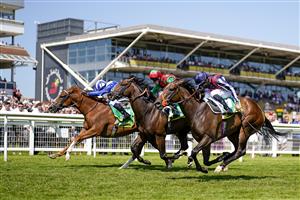 NEWBURY, ENGLAND - JULY 17: Sean Levey riding Happy Romance (dark blue cap) win The bet365 Hackwood Stakes at Newbury Racecourse on July 17, 2021 in Newbury, England. Due to the Coronavirus pandemic, only owners along with a limited number of the paying public will be allowed to attend the meeting. (Photo by Alan Crowhurst/Getty Images)