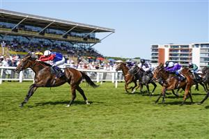 NEWBURY, ENGLAND - JULY 17: Hector Crouch riding Declared Interest win The Whitsbury Manor Stud Supporting The British EBF Premier Fillies' Handicap at Newbury Racecourse on July 17, 2021 in Newbury, England. Due to the Coronavirus pandemic, only owners along with a limited number of the paying public will be allowed to attend the meeting. (Photo by Alan Crowhurst/Getty Images)