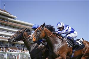 NEWBURY, ENGLAND - JULY 17: Louis Steward riding Home City (L) pass the post first in The bet365 EBF Novice Stakes only to lose the race in the Stewards room to Silvestre De Sousa riding Tropez Power (R) at Newbury Racecourse on July 17, 2021 in Newbury, England. Due to the Coronavirus pandemic, only owners along with a limited number of the paying public will be allowed to attend the meeting. (Photo by Alan Crowhurst/Getty Images)