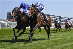 NEWBURY, ENGLAND - JULY 17: Louis Steward riding Home City (L) pass the post first in The bet365 EBF Novice Stakes only to lose the race in the Stewards room to Silvestre De Sousa riding Tropez Power (R) at Newbury Racecourse on July 17, 2021 in Newbury, England. Due to the Coronavirus pandemic, only owners along with a limited number of the paying public will be allowed to attend the meeting. (Photo by Alan Crowhurst/Getty Images)