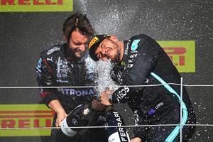 NORTHAMPTON, ENGLAND - JULY 18: Race winner Lewis Hamilton of Great Britain and Mercedes GP celebrates on the podium during the F1 Grand Prix of Great Britain at Silverstone on July 18, 2021 in Northampton, England. (Getty Images)
