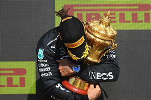 NORTHAMPTON, ENGLAND - JULY 18: Race winner Lewis Hamilton of Great Britain and Mercedes GP celebrates on the podium during the F1 Grand Prix of Great Britain at Silverstone on July 18, 2021 in Northampton, England. (Getty Images)