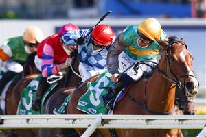 SYDNEY, AUSTRALIA - JULY 17: Tim Clark (R) on La Chevalee wins race 4 the City Tattersalls Club Handicap during Sydney Racing at Royal Randwick Racecourse on July 17, 2021 in Sydney, Australia. (Photo by Mark Evans/Getty Images)