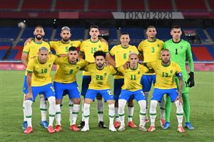 (From L, Front) Brazil's forward Richarlison, Brazil's midfielder Bruno Guimaraes, Brazil's midfielder Claudinho, Brazil's forward Antony, Brazil's defender Dani Alves (From L, Rear) Brazil's forward Matheus Cunha, Brazil's midfielder Douglas Luiz, Brazil's defender Marcilio Nino, Brazil's defender Guilherme Arana, Brazil's defender Diego Carlos and Brazil's goalkeeper Aderbar Santos pose for a team photo prior to the Tokyo 2020 Olympic Games men's group D first round football match between Brazil and Germany at the Yokohama International Stadium in Yokohama on July 22, (Getty Images)