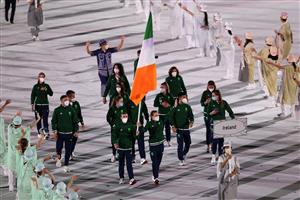 TOKYO, JAPAN - JULY 23: Flag bearers Kellie Anne Harrington and Brendan Irvine of Team Ireland lead their team out during the Opening Ceremony of the Tokyo 2020 Olympic Games at Olympic Stadium on July 23, 2021 in Tokyo, Japan. (Getty Images)