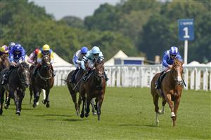 ASCOT, ENGLAND - JULY 23: Jim Crowley riding Ehraz (R) win The Anders Foundation British EBF Crocker Bulteel Maiden Stakes at Ascot Racecourse on July 23, 2021 in Ascot, England. (Photo by Alan Crowhurst/Getty Images)
