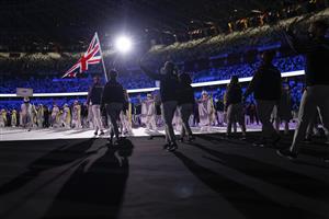 TOKYO, JAPAN - JULY 23: Flag bearers Hannah Mills and Mohamed Sbihi of Team Great Britain leads their team out during the Opening Ceremony of the Tokyo 2020 Olympic Games at Olympic Stadium on July 23, 2021 in Tokyo, Japan. (Getty Images)