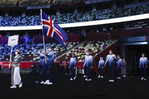 TOKYO, JAPAN - JULY 23: Flag bearers Snaefridur Sol Jorunnardottir and Anton Mckee of Team Iceland lead their team during the Opening Ceremony of the Tokyo 2020 Olympic Games at Olympic Stadium on July 23, 2021 in Tokyo, Japan. (Getty Images)