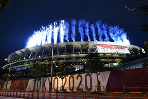 TOPSHOT - Fireworks light up the sky above the Olympic Stadium during the opening ceremony of the Tokyo 2020 Olympic Games, in Tokyo, on July 23, 2021. (Getty Images)