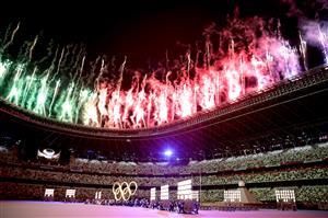 TOKYO, JAPAN - JULY 23: A general view inside the stadium as fireworks go off and performers dance during the Opening Ceremony of the Tokyo 2020 Olympic Games at Olympic Stadium on July 23, 2021 in Tokyo, Japan. (Getty Images)
