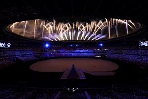 TOKYO, JAPAN - JULY 23: General view inside the stadium as fireworks are seen during the Opening Ceremony of the Tokyo 2020 Olympic Games at Olympic Stadium on July 23, 2021 in Tokyo, Japan. (Getty Images)