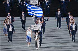 Greece's flag bearer Anna Korakaki and Greece's flag bearer Eleftherios Petrounias and their delegation enter the Olympic Stadium during the opening ceremony of the Tokyo 2020 Olympic Games, in Tokyo, on July 23, 2021. (Getty Images)
