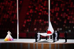 TOKYO, JAPAN - JULY 23: The Japan Flag is raised as the national anthem is sung during the Opening Ceremony of the Tokyo 2020 Olympic Games at Olympic Stadium on July 23, 2021 in Tokyo, Japan. (Getty Images)