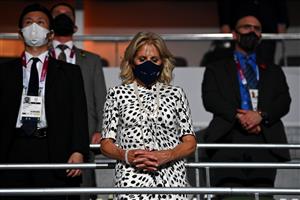 TOKYO, JAPAN - JULY 23: U.S. First Lady, Jill Biden takes part in a moment of silence the Opening Ceremony of the Tokyo 2020 Olympic Games at Olympic Stadium on July 23, 2021 in Tokyo, Japan. (Getty Images)
